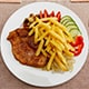   A plate featuring a serving of chicken, crispy fries, and a colorful assortment of fresh vegetables.
